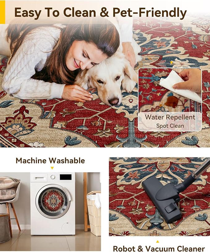 RELEANY Area Rugs Round 10ft Washable Non-Slip, Floral Vintage Distress Medallion Carpet for Living Room Bedroom Dining Room, Red Blue