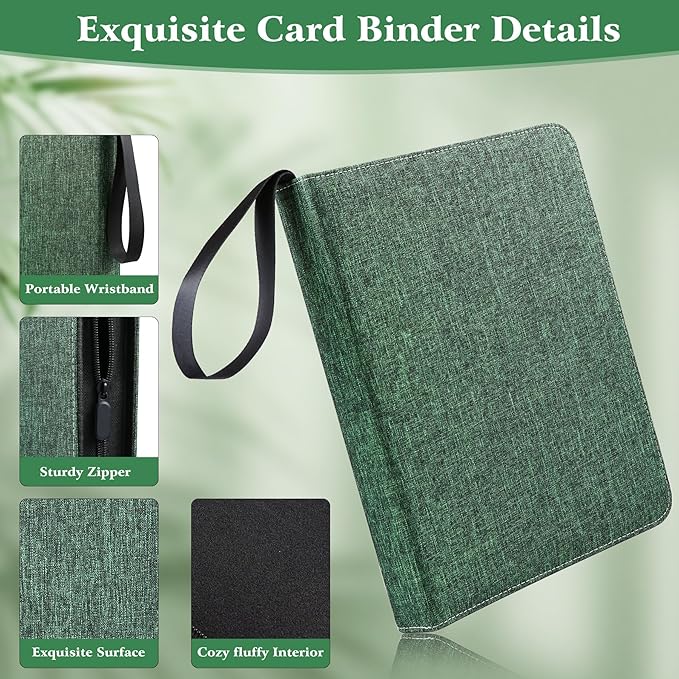 WOT I Trading Card Binder, 900 Pockets Collection Card Binder Sleeves with Polyester Fabric Cover&Zipper, Double Sided Pockets Card Holder Carry Card Case for Standard Size Cards - Green