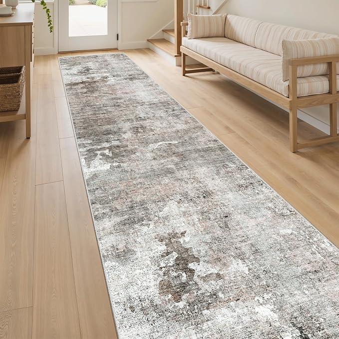 Soalmost Abstract Runner Rug 2x12 Hallway Kitchen Runners Pink/Grey | Vintage Washable Rugs for Bathroom Laundry Room, Low Pile Stain Resistant Floor Carpet Mat Entryway Corridor Bedroom