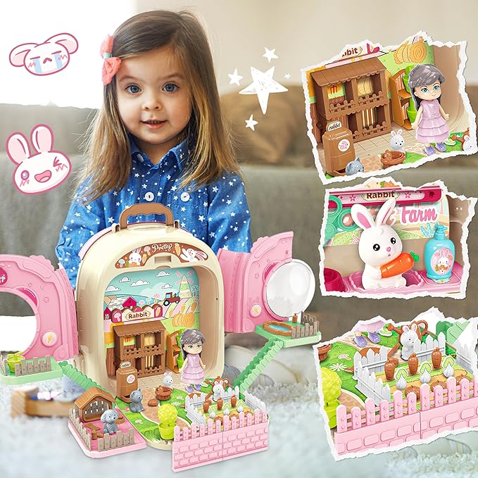 SMILESSKIDDO Pet Carrier Backpack Toy, 3 in 1 Care Playset, Pretend Play Accessories & Hair Dryer Toy, Rabbit Role Play Set for Girls Ages 3+