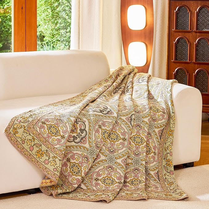 VANJOROY King Boho Throw Blanket, 100% Organic Cotton Breathable Skin-Friendly Ultra Soft 91" x 98" Bed Quilt Throw - Floral Rustic Decor Luxury Reversible Blanket for Sofa Couch Chair and Gift