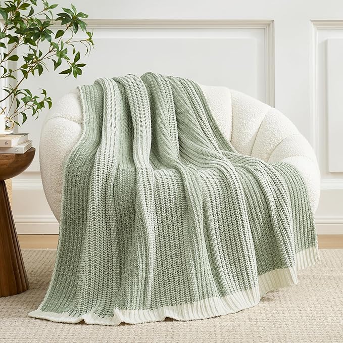 Amélie Home Premium Chenille Throw Blanket, Soft Cozy Luxury Two-Tone Knit Blanket for Couch, Sofa, Chair, Home Decor, Sage Green & Ivory 50"x60"