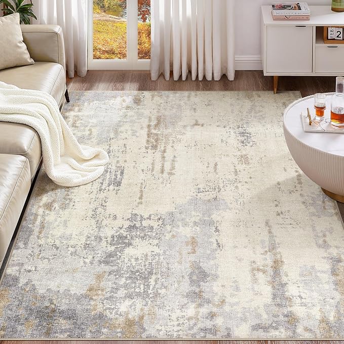 UERMEI 6x9 Area Rug Living Room Rugs - Washable Neutral Modern Abstract Soft Thin Rug Indoor Floor No Slip Rug Carpet for Bedroom Under Dining Table Home Office Decor - Light Brown/Gray