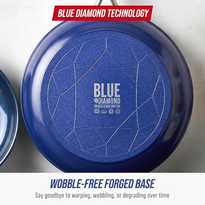 Blue Diamond 2 Piece Nonstick Frying Pan Set, 9.5” & 11" Skillets, PFAS-Free Ceramic, Dishwasher & Oven Safe, Stainless Steel Handle, Durable Metal Utensil Safe, Egg & Omelet Pans, Blue | 9.5" x 11" Skillets, PFAS-Free Ceramic Nonstick, Dishwasher & Ov...