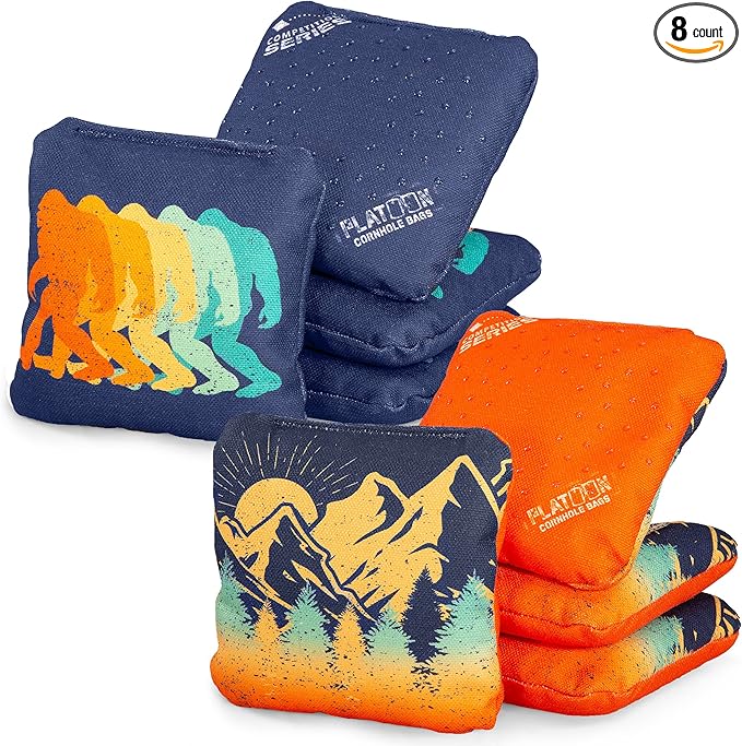 Play Platoon Competition Series Cornhole Bags Set of 8 Regulation Professional Weight Double Sided Slick and Stick with Rubber Sticky Dot Slow Side for Pro Corn Hole Bean Bag Toss Game-Designed in USA
