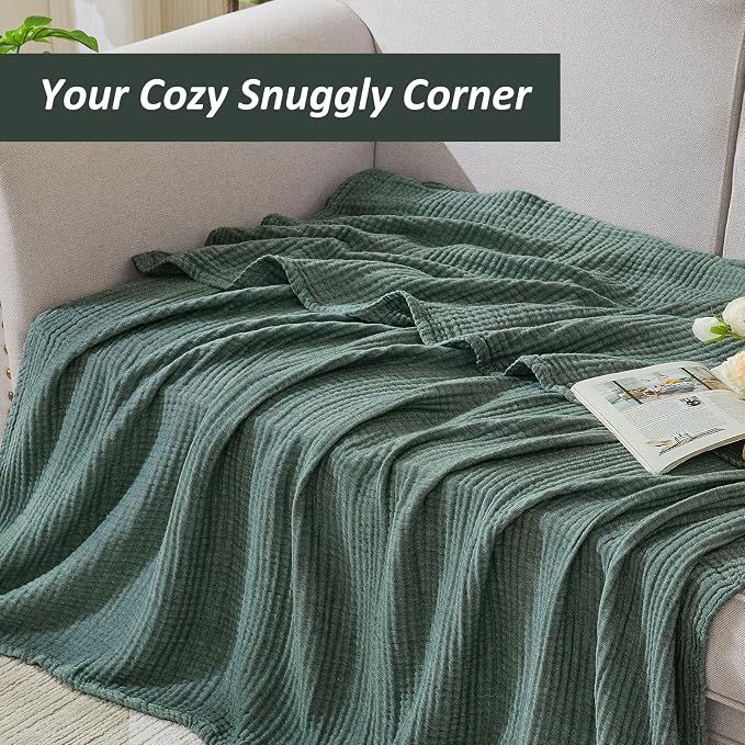 EMME Cotton Muslin Queen Blanket Bed Layering Bedspread Coverlet Breathable Gauze Soft Lightweight Blankets (Heather Forest Green, 90"x90")