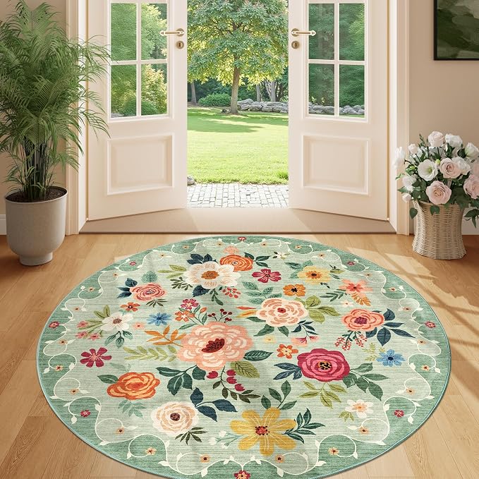 DUKINO 5ft Round Rug, Non Slip Floral Washable Small Circle Rug, Green | Soft, Low Pile, Floral Indoor Area Rug for Bedroom, Living Room, Kids Room, Office, Pet Friendly, Stain Resistant, Home Decor