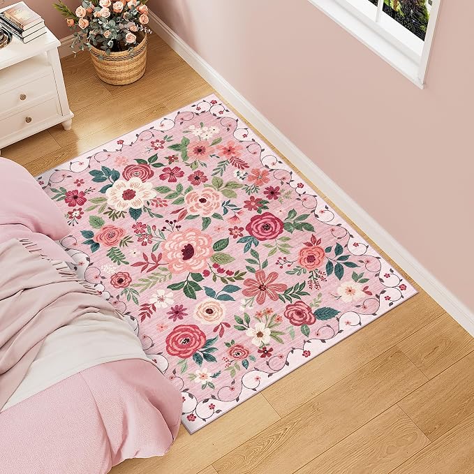 DUKINO 3x4 Area Rug, Floral Washable Rug for Kitchen Non Slip, Pink | Low Pile, Soft, Stain Resistant Indoor Rug for Entryway, Bedroom, Bathroom, Laundry, Pet Friendly, Home Decor, Lightweight