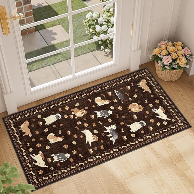 DUKINO 2x4 Rug Runner, Washable Dog Bathroom Rug Soft Non Slip, Brown | Low Pile, Non-Shedding, Stain Resistant, Indoor Animal Carpet Runner for Kitchen Entryway Hallway Laundry Farmhouse Bedroom