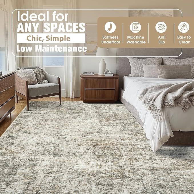 10x14 Area Rugs for Living Room Rug Washable: Abstract Large Rug Indoor Modern Carpet Non Slip for Dining Room Bedroom Nursery Home Office Beige Brown