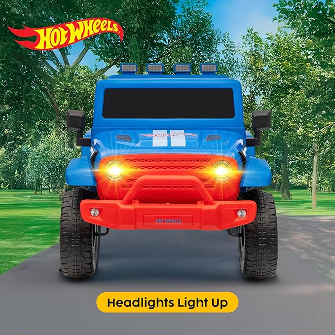Hot Wheels - 12V Kids Ride On Jeep with Rechargeable Battery, LED Headlights, Press-Button Start, Durable Wheels, Forward & Reverse Drive, Contoured Seat