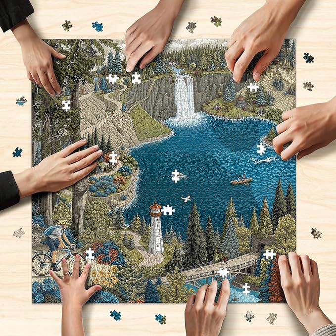 1000-Piece Jigsaw Puzzle for Adults, Oregon Landmarks Scene with Waterfall, Lighthouse, Forest Trail, Challenging & Vibrant Artwork, 22.5 x 22.5 in