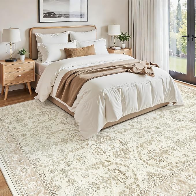 Soalmost 10x12 Area Rugs for Living Room Washable Rug Non-Slip Beige/Brown | Large Vintage Stain Resistant Carpet for Dining Bedroom, Low Pile Lightweight Foldable Floor Mat Nursery Home Office Decor