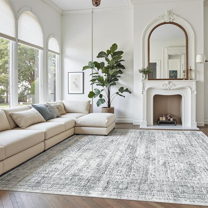 Soalmost 7x10 Area Rug for Living Room Washable Rugs Non-Slip Grey | Low-Pile Vintage Carpet for Dining Bedroom, Foldable Thin Stain Resistant Floor Mat Under Table Home Office Nursery Decor