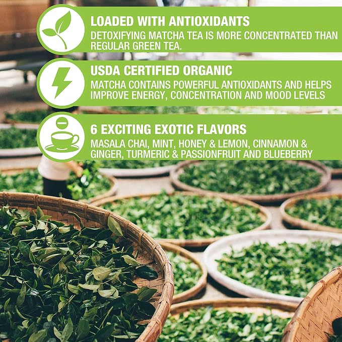 Tipson Organic Matcha Variety Sampler - 6 Flavors (60 Tea Bags), Herbal Tea Infusions - USDA Organic, Non GMO, and Gluten Free