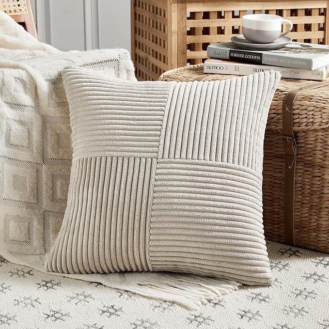 Fancy Homi 2 Packs Neutral Taupe Euro Decorative Throw Pillow Covers 28x28 Inch for Couch Bed Sofa, Rustic Farmhouse Boho Home Decor, Soft Corss Corduroy Patchwork Textured Square Cushion Case 71x71cm