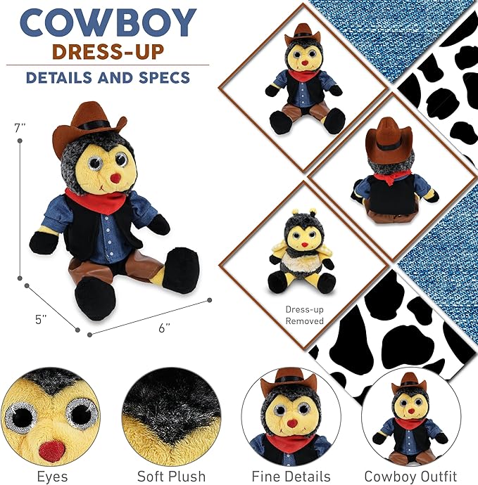 DolliBu Sitting Bee Stuffed Animal Cowboy Plush with Name Personalization - Western-Themed Bee Plush with Cute Cowboy Costume Denim Shirt Vest, Bandana, Leather Pants, and Hat - 7 Inches