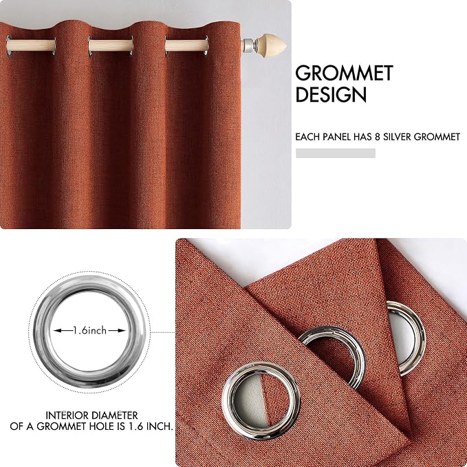 MIULEE Linen Curtains 100% Blackout for Bedroom Thermal Insulated Burnt Orange Grommet Room Darkening Curtains & Drapes Rust Terracotta Fall Decor for Living Room 52 x 72 Inch (2 Panels)