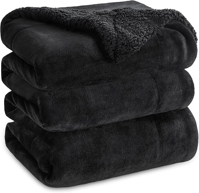 Bedsure GentleSoft Sherpa Fleece Blanket Queen Size for Bed, Non-Heated, Thick and Warm Throw for Women and Men, Soft Fuzzy Plush Heavy Queen Blanket for Winter, Black, 90x90 Inches