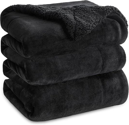 Bedsure GentleSoft Sherpa Fleece Blanket Queen Size for Bed, Non-Heated, Thick and Warm Throw for Women and Men, Soft Fuzzy Plush Heavy Queen Blanket for Winter, Black, 90x90 Inches