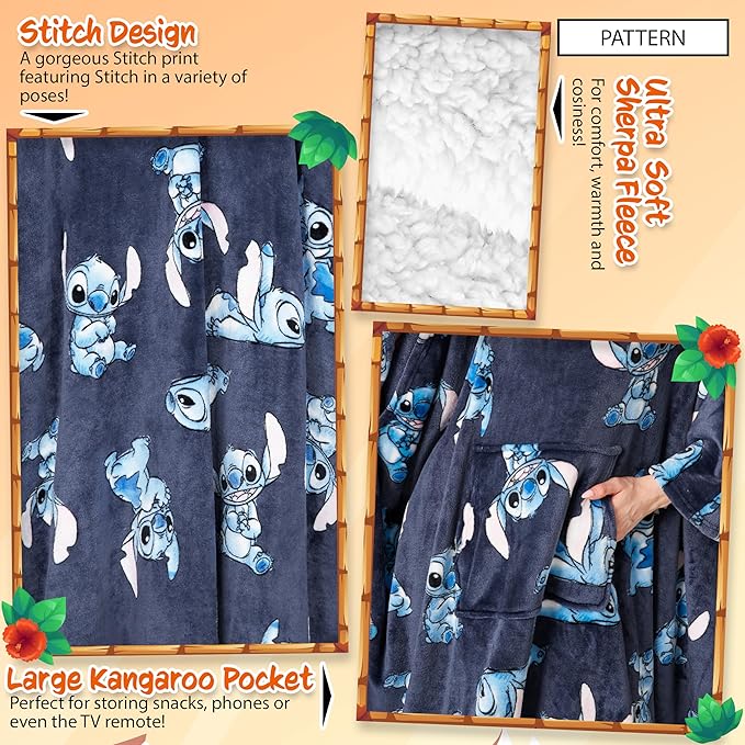 Disney Stitch Blanket Hoodie for Women and Teenagers - Cosy Oversized Fleece Poncho One Size Sherpa Hood - Stitch Gifts Navy