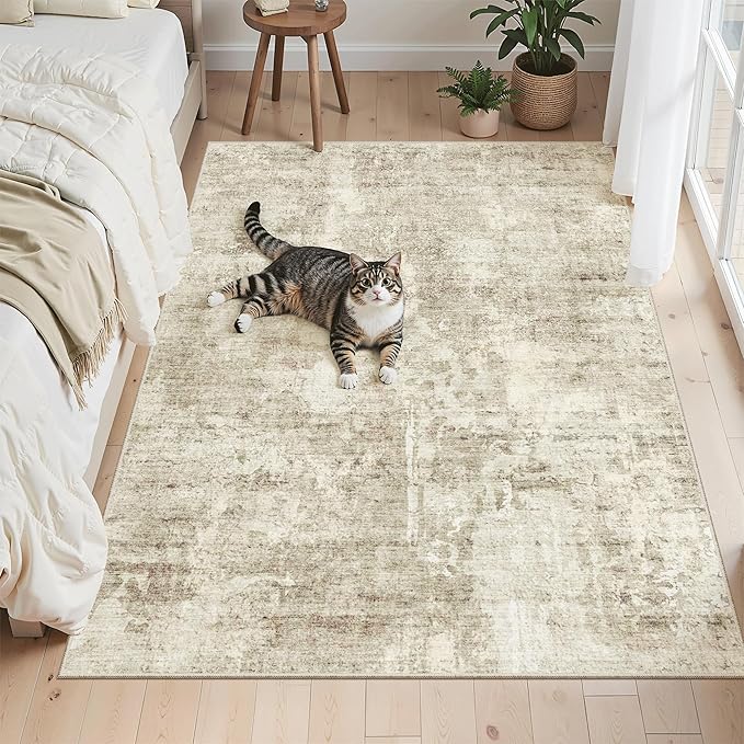 Soalmost Abstract 4x6 Area Rug Washable Rugs for Living Room, Beige/Gray | Vintage Non-Slip Carpet for Dining Bedroom, Thin Low Pile Stain Resistant Floor Mat Nursery Under Table Home Office Decor