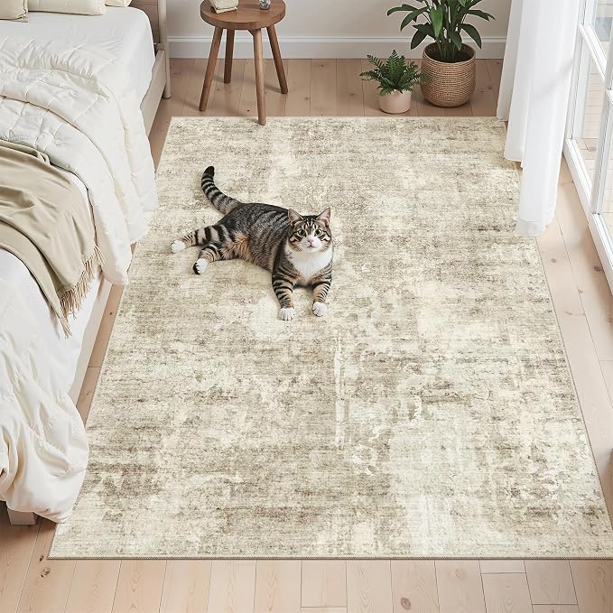 Soalmost Abstract 3x5 Rugs, Small Kitchen Entryway Area Rug Beige/Gray | Vintage Low Pile Carpet for Nursery Coffee Table Bathroom, Foldable Stain Resistant Indoor Door Mat Entrance Powder Room