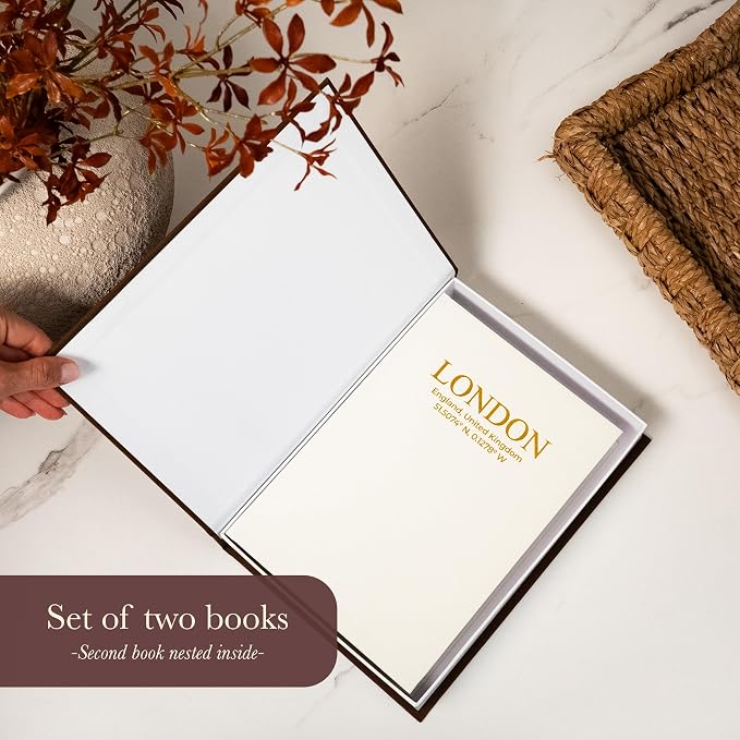 Decorative Books with Storage (Caramel/Beige) – Set of 2 Faux Linen Book Boxes with Gold Stamped Covers – Enhance Your Coffee Table, Bookshelf Decor – Hidden Storage for Photos, Keepsakes, and Jewelry