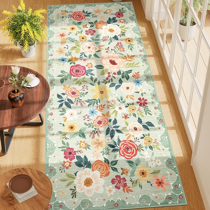 DUKINO 3x7 Kitchen Runner Rug, Washable Rug for Hallway Non Slip, Green | Floral, Low Pile, Soft Indoor Rug for Bedroom, Bathroom, Entryway, Laundry, Pet Friendly, Stain Resistant, Modern Home Decor