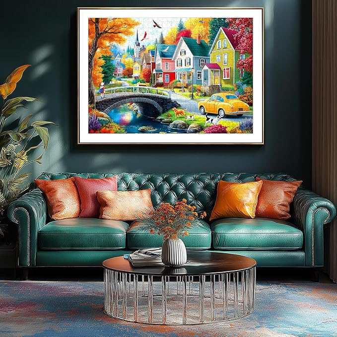 1000 Piece Jigsaw Puzzle for Adults - Autumn Village Scene: Colorful Houses, Bridge & Vintage Car, 27.5x19.7 Inch Unique Art Puzzle, Challenging Hard Difficult Puzzles for Adults