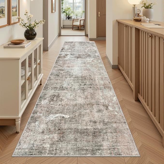 Soalmost Runner Rug 2'6"x8' Kitchen Hallway Runners Abstract Pink/Grey | Washable Non-Slip 2.5x8ft Carpet Entryway Bathroom, Low Pile Vintage Foldable Floor Mat for Corridor Laundry Room Bedroom