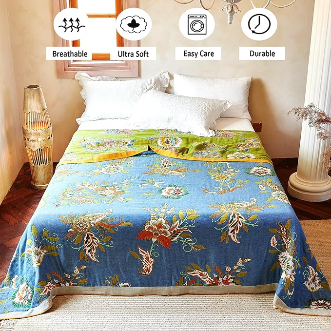 VANJOROY Boho Throw Blanket, 100% Organic Cotton Breathable Ultra Soft Bed Quilt Throw - All Season Luxury Floral Farmhouse Decor Blanket for Sofa Couch Chair and Gift. 91" x 98"-Green/Blue