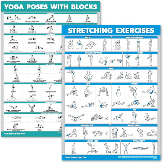 Palace Learning 2 Pack - Yoga Block Poses + Stretching Exercise Poster Set - Yoga Positions with Blocks Chart - Set of Two Fitness Charts