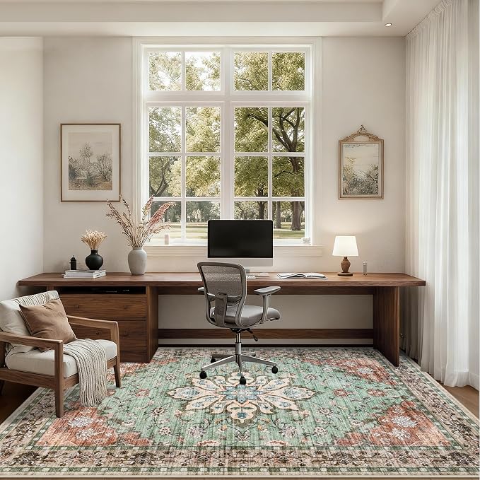 Area Rugs 10x14 Living Room Rug: Washable Rug Soft Vintage Distressed Floral Carpet Indoor Non-Slip Stain Resistant Large Carpets for Bedroom Dining Room Farmhouse Nursery Home Office Brown Green
