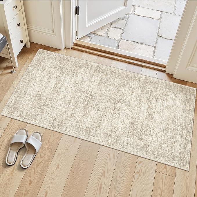 Soalmost 2x4 Washable Rugs for Kitchen, Entryway, Small Area Rug Beige | Non-Slip Vintage Low Pile Throw Door Mat For Bathroom Entry Laundry Powder Room, Stain Resistant Indoor Entrance Floor Carpet