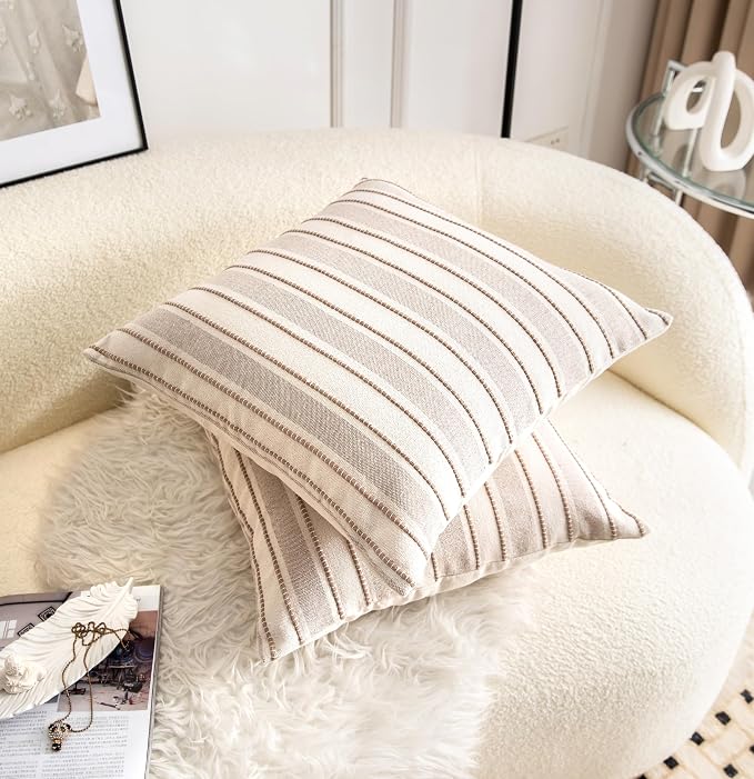Cethom Decorative Boho Throw Pillow Covers, Farmhouse Textured Pillow Case, 18 x 18 Inch Set of 2, Chair Sofa Bedroom Living Room Home Decor Couch Cushion Case, Taupe and Beige Striped