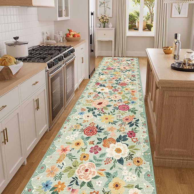 DUKINO 2.6x14 Washable Runner Rug, Floral Non Slip Long Runner Rug, Green | Soft, Low Pile, Ultra Thin Indoor Rug Runner for Hallway, Entryway, Kitchen, Bedroom, Bathroom, Pet Friendly, Home Decor