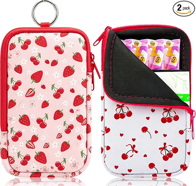 KJQJLY 2 Pack Portable Tampon Organizer Bag Tampon Holder & Storage Case with Zipper for Travel, Discreet Period Bag for Purse, Waterproof Feminine Products Pouch for Women (Strawberry&Cherry)