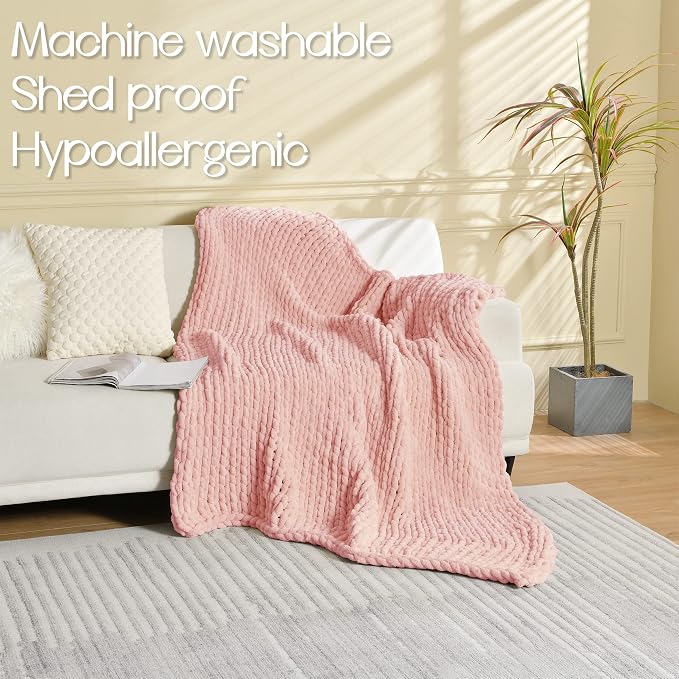 Maetoow Chenille Chunky Knit Blanket,Handmade Cozy for Home Decor,50×60,Rose Pink