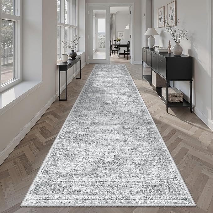 Soalmost Hallway Runner Rug 2'6"x10' Non-Slip Runners for Kitchen Grey | Washable Vintage Long Rugs 2.5x10ft Bathroom, Thin Low Pile Foldable 10ft Floor Carpet Mat for Entryway Corridor Bedroom