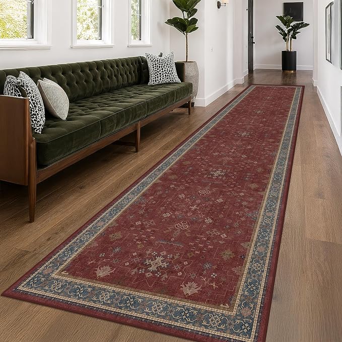 Hazo Haus Boho Washable 3x16 Extra Long Hallway Runner Rug, Burgundy Waterproof Large Kitchen Floor Rug Indoor, Non-Slip Stain & Fade Resistant, Vintage Unique Bohemian Red Décor
