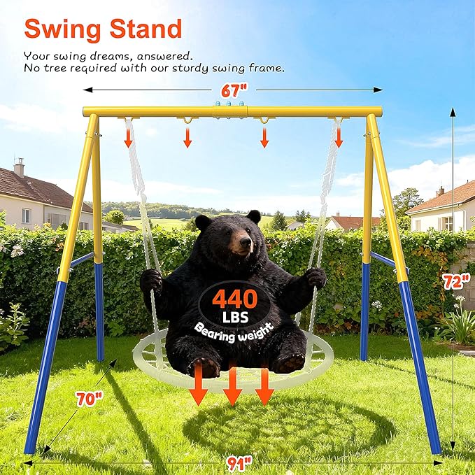 Heavy-Duty Steel Swing Stand for Outdoor, 500lb Capacity Universal Swing Frame, Adult-Rated Anti-Tip Design for Porch/Backyard, Easy Tool-Free Assembly, Yellow(Swing Stand Only)