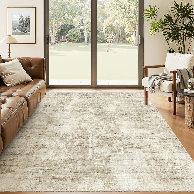 Soalmost Abstract Rug 5x8 Washable Area Rugs for Living Room, Beige/Gray | Vintage Non-Slip Indoor Accent for Bedroom Dining, Foldable Stain Resistant Floor Carpet Mat Under Table Home Office Decor