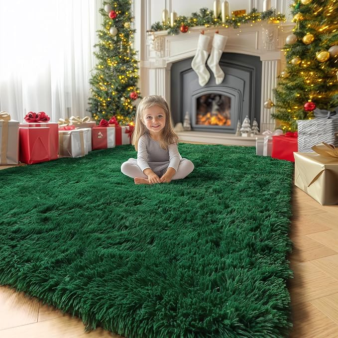 Amdrebio Dark Green Large Living Room Rug 6x9, Fluffy Area Rugs for Bedroom, Soft Fuzzy Shag Rug for Kids Playroom Dorm, Thick Big Modern Rugs for Living Room Decor, Plush Cool Emerald Green Carpet