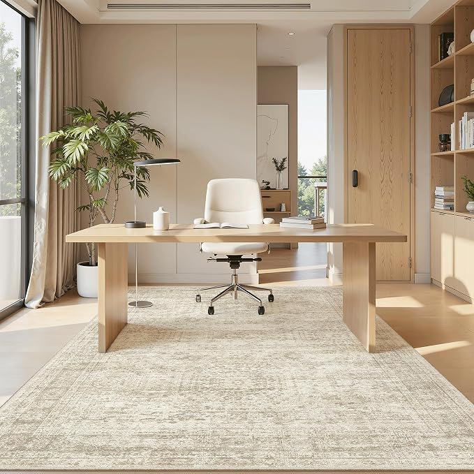 Soalmost 5x8 Area Rugs Beige Low Pile Washable Trendy Faded Style Rug | Vintage Non-Slip Indoor Accent for Bedroom Dining, Foldable Stain Resistant Floor Carpet Mat Under Table Home Office Decor