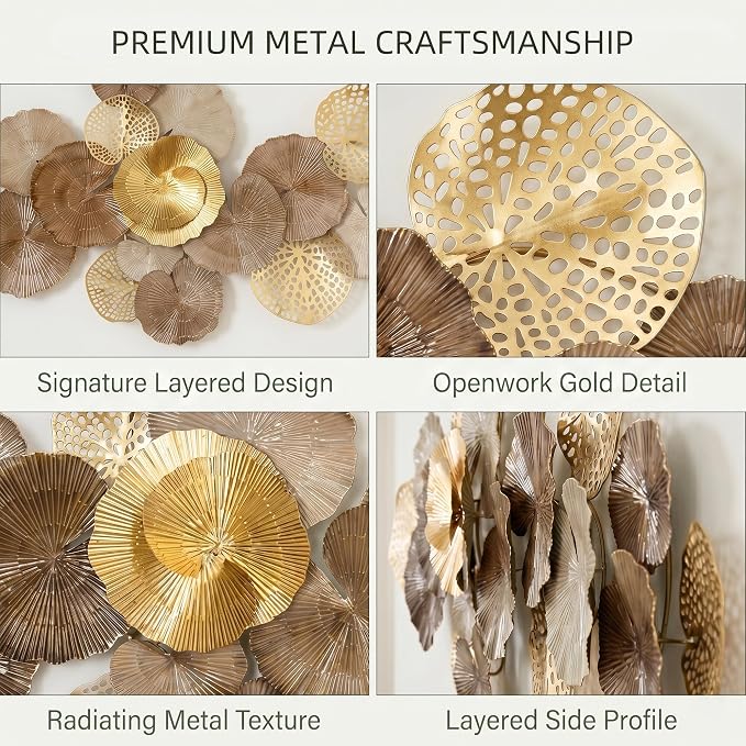 Axioglo 67" Large Wall Decor 3D Lotus Leaf Metal Wall Art for Living Room | 67" x31" metal wall decor with layered metal texture, mounting hardware, two-way display