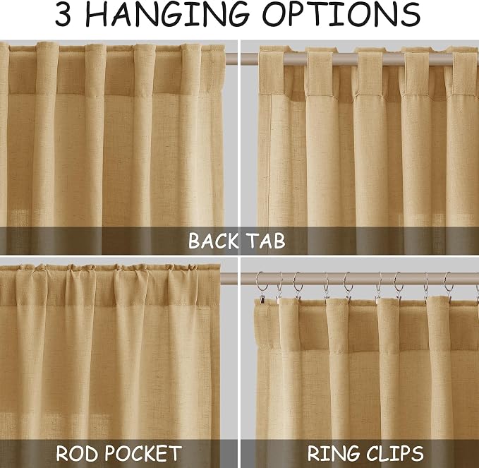Gold Yellow Linen Curtains for Living Room 63 Inches Long 2 Panel Set Light Filtering Linen Drapes for Kitchen Windows Rod Pocket Back Tab Short See Through Curtain Country Farmhouse Decor 52x63