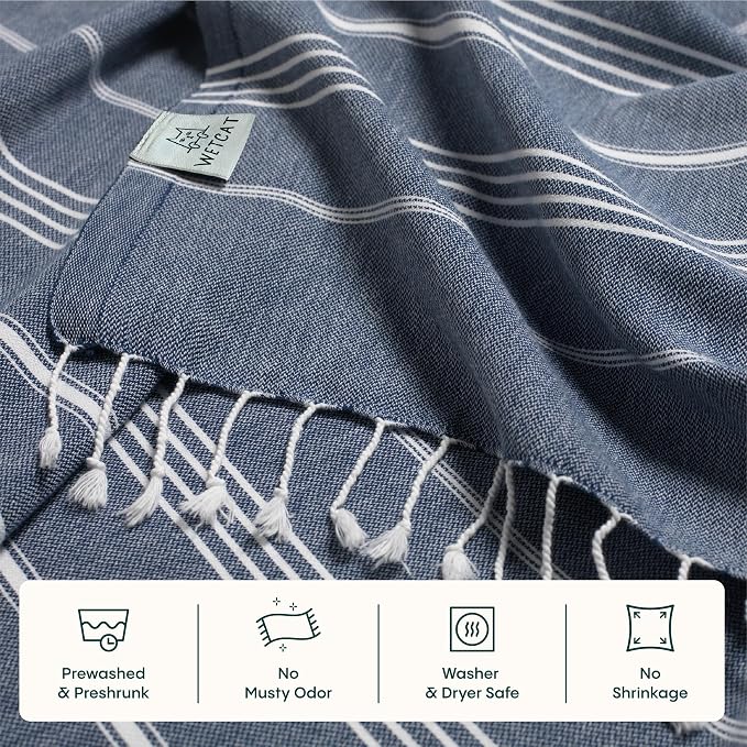 WETCAT Turkish Beach Towel Oversized (38"x71") 100% Turkish Cotton, Made in Turkey - Sand Free, Extra Large, Ultra Soft, Quick Drying, Compact & Lightweight for Travel - Dark Blue