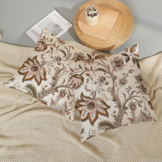 Brown Pillow Covers 20x20 Set of 2 Brown Chinoiserie Floral Throw Pillows Boho Vintage Flowers Decorative Pillow Cases Outdoor Chinoiserie Decor Farmhouse Linen Cushion Cover for Couch Sofa