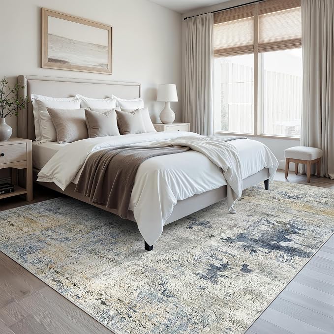 Soalmost Abstract Rug 8x10 Large Living Room Area Rugs Washable Blue/Yellow | Modern Non-Slip Carpet for Dining Bedroom, Stain Resistant Foldable Thin Low Pile Floor Mat Under Table Home Office Decor